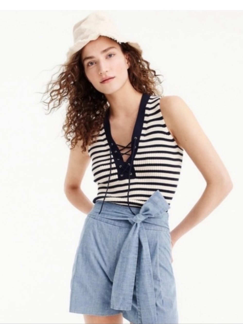 J. Crew Ribbed Lace-Up Sweater Tank in Navy and Ecru Stripes - Picture 2 of 11
